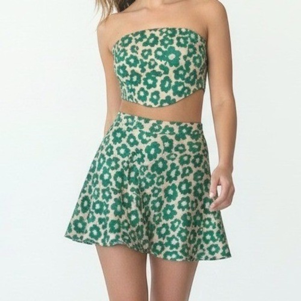 For Love & Lemons Green Floral Two Piece Set Top S Skirt M Asymmetrical Ruffle